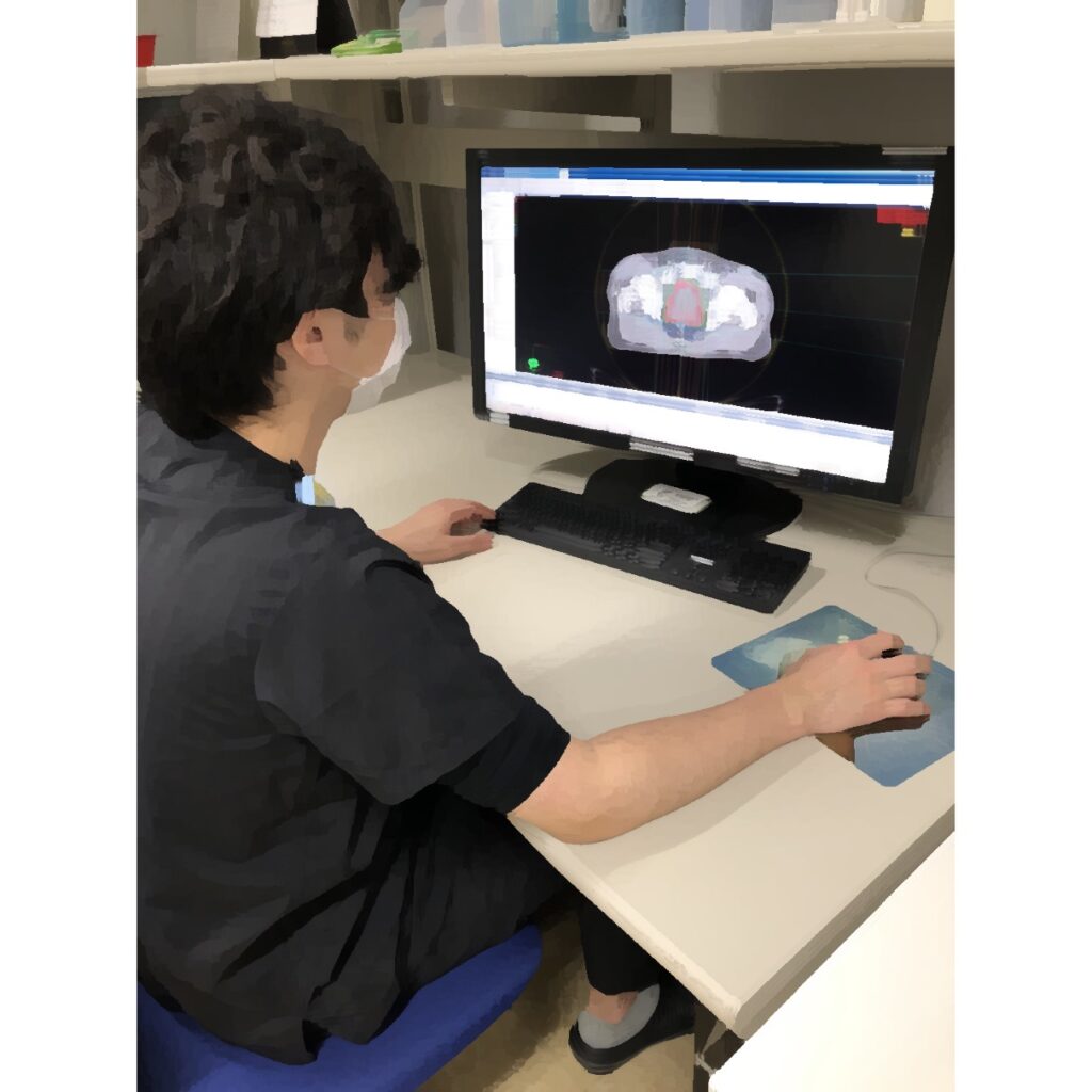 撮影されたCT画像や、MRI、PET画像をもとに、医師や専門スタッフが専用のコンピュータを用いて、放射線治療計画を作成します。